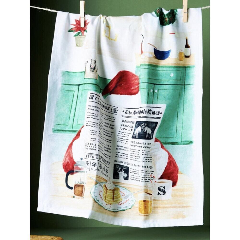 Anthropologie Breakfast With Santa Dish Towel 28” L x 21 “ W Single Towel